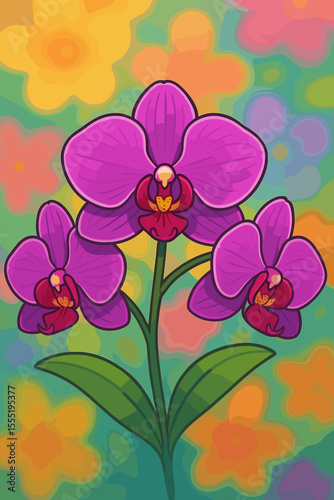 Vibrant purple orchid flowers vector illustration. Colorful tropical floral background with soft focus effect. Exotic botanical cartoon art. Spring and summer blooming plant design concept