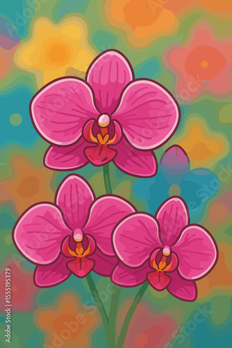 Lush pink orchid flowers vector illustration. Vibrant tropical floral design with soft focus colorful background. Exotic botanical cartoon art. Spring nature, blooming garden, decorative plant concept