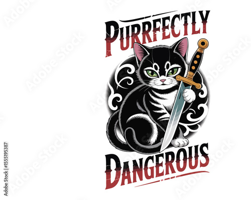 Vintage anime-style cat with a fierce smirk and dagger. A mix of cute and dangerous in tattoo-inspired vector art. Perfect for edgy t-shirt design.