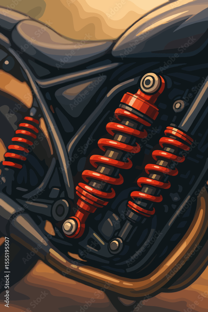 Detailed vector illustration of vibrant red motorcycle shock absorbers and suspension springs on sleek black frame, close-up mechanical parts, modern motorbike design, engineering concept art
