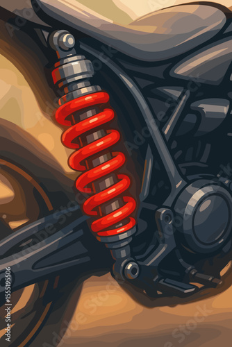 Detailed vector illustration of modern motorcycle rear suspension with vibrant red coil spring shock absorber, sleek black frame, mechanical engineering, transportation concept, soft focus effect
