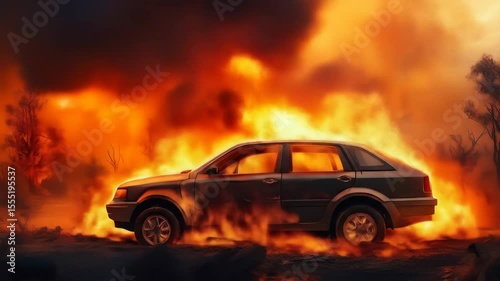 Car engulfed in flames during wildfire - A dark-colored car is surrounded by intense flames and smoke in a wildfire scene. The burning landscape features silhouetted trees and a dramatic, fiery sky.