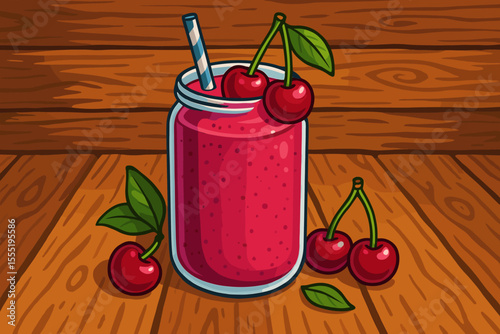 Fresh cherry smoothie in mason jar with straw, ripe cherries and green leaves on rustic wooden table. Colorful vector illustration. Healthy fruit drink, summer beverage, cartoon food concept