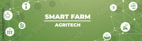 smart farm or agritech vector illustration. Banner with connected icons related to smart agriculture technology, digital iot farming methods and farm automation.