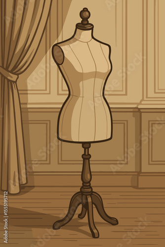 Vintage dressmaker mannequin on wooden stand in elegant classic showroom. Tailor dummy for sewing, fashion design, atelier, retro interior. Vector illustration for garment making, boutique decor