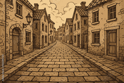 Vintage cobblestone street scene with old brick houses, stone tile pavement, antique lanterns, charming European village architecture, hand-drawn vector illustration, historic urban landscape