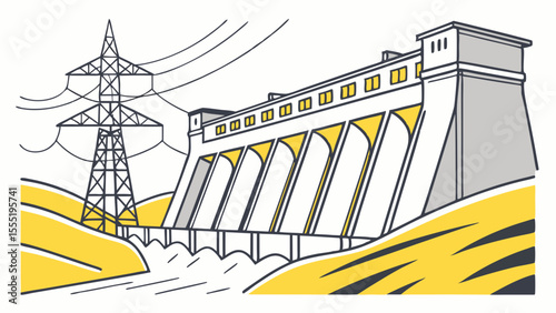 Illustrated Hydroelectric Dam Generating Clean Energy and Power.