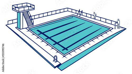 Illustration of a Swimming Pool with Diving Board and Figures.