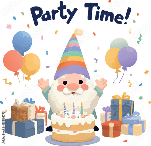 A cheerful gnome in a rainbow party hat celebrates a birthday surrounded by balloons, confetti, gifts, and a cake topped with candles under the words “Party Time!”