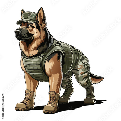 German shepherd dog in military uniform ready for duty and service isolated on white