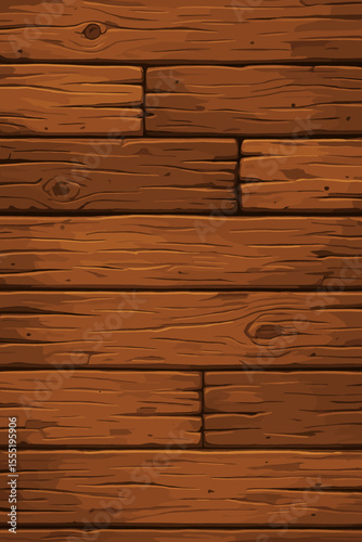 Seamless rustic brown wooden plank wall texture. Weathered timber surface with warm tones, natural grain, knots, vintage cartoon illustration. Vector background for game, interior, design projects