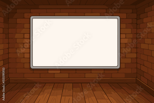Blank whiteboard in vintage brick room interior with wood floor, empty classroom or office presentation space, cartoon vector illustration, copy space for text, retro educational workspace background
