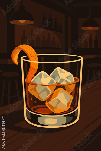 Whiskey on the Rocks with Orange Peel Garnish in Dimly Lit Bar Interior. Classic Cocktail Glass with Ice Cubes. Nightlife Drink Scene. Vector Illustration for Beverage, Lounge, Pub, Bar Menu Design