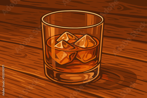 Whiskey glass with ice cubes on rustic wooden table, warm amber tones, relaxing bar atmosphere, bourbon or scotch drink, classic cocktail, vector cartoon illustration, vintage style