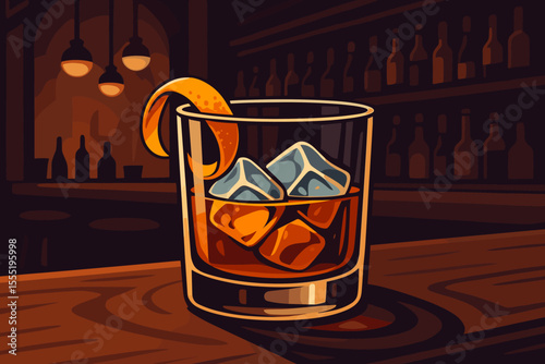 Classic whiskey on the rocks with orange citrus twist, ice cubes in glass, cozy dimly lit bar interior, elegant cocktail drink, nightlife, vector cartoon illustration, alcohol beverage concept