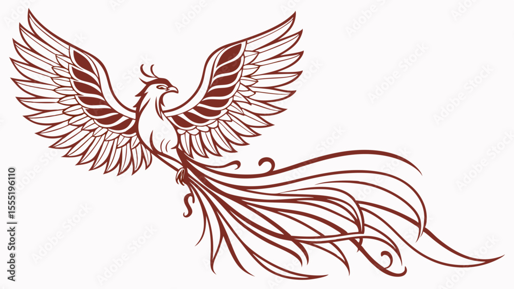 Obraz premium Ornate Brown Phoenix Bird in Flight Detailed Line Art Design.