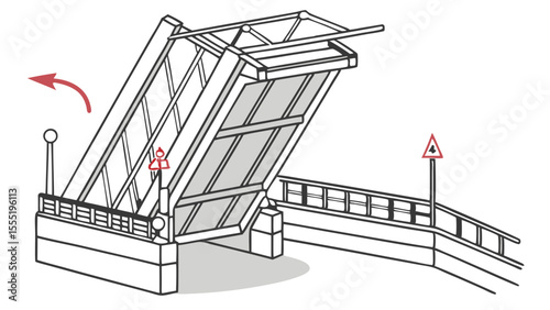 Open drawbridge illustration with warning signs and arrow indicator.