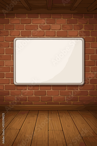 Blank whiteboard on brick wall with wooden floor in rustic classroom or office interior. Empty copy space board for presentation, meeting, education, workspace. Vector cartoon illustration background