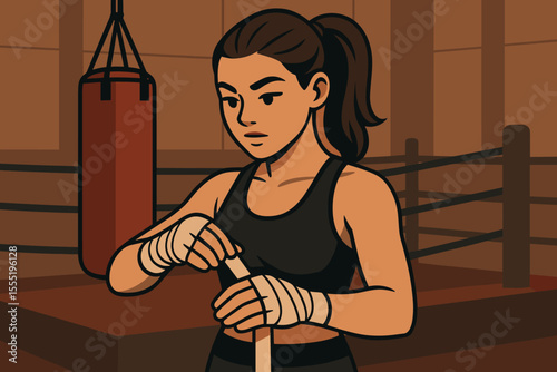 Female boxer athlete wrapping hands with protective bandages before training in boxing gym, preparation for combat sport, fitness motivation, cartoon vector illustration, sportswoman concept
