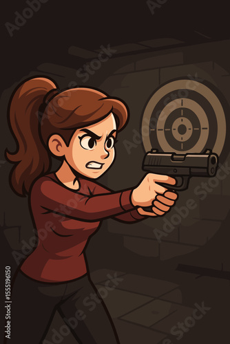 Female shooter aiming handgun at target in indoor shooting range. Cartoon vector illustration of woman practicing marksmanship, firearm training, self-defense, gun safety, sport shooting concept.
