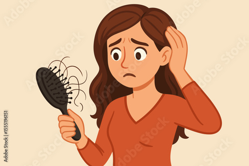 Worried woman experiencing hair loss holding hairbrush with fallen strands. Female hair thinning, alopecia, hair fall problem, scalp health issue. Vector cartoon illustration for medical concepts