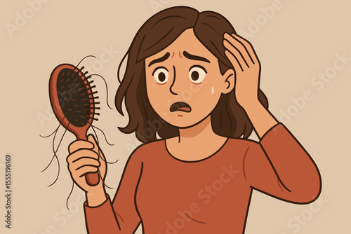 Worried woman experiencing hair loss holding hairbrush with fallen hair strands. Female hair thinning, alopecia, scalp health problem, stress, haircare issue. Vector cartoon illustration concept