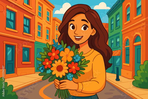 Cheerful woman holding vibrant bouquet of colorful flowers on lively city street, urban spring scene, cartoon vector illustration, floral celebration, joyful outdoor lifestyle concept