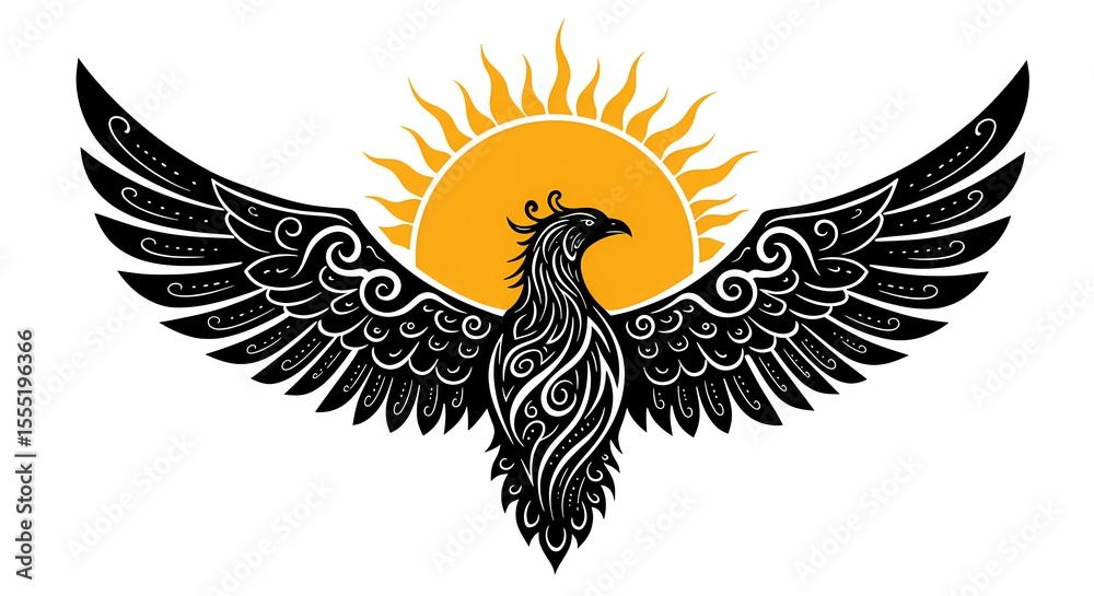 Obraz premium Stylized Black and Gold Eagle with Sun Icon in Artistic Design for Logo or Branding