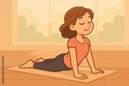 Cartoon woman practicing yoga cobra pose indoors on exercise mat, relaxing morning workout, healthy lifestyle, wellness activity, vector illustration, cozy home fitness environment