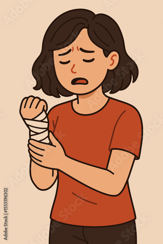 Injured woman holding painful wrist with bandage. Cartoon vector illustration of female suffering from sprain, strain, fracture, hand injury, first aid, accident, trauma, health care, recovery