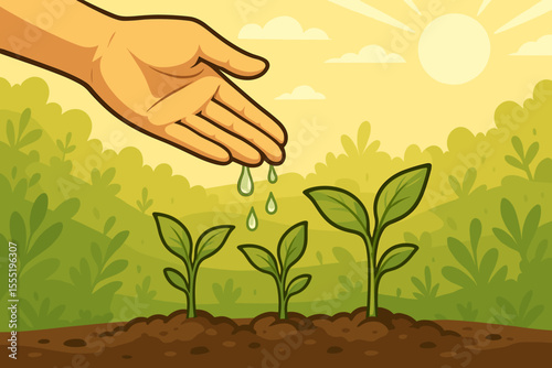 Hand Gently Watering Young Green Plants in Sunlit Garden. Growth Nurturing Concept. Eco Friendly Agriculture. Nature Care. Spring Gardening. Environmental Protection. Vector Illustration