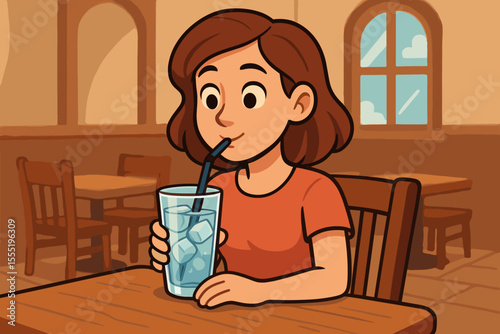 Cartoon woman drinking iced water with straw at restaurant table, casual dining scene, refreshing beverage, summer hydration, cozy cafe interior, vector illustration, no text
