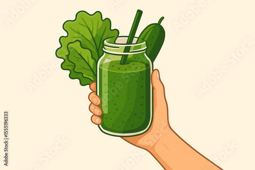 Hand Holding Green Detox Smoothie Jar with Lettuce Leaf and Cucumber, Healthy Vegan Drink, Fresh Vegetable Juice, Clean Eating, Diet Beverage Concept, Vector Cartoon Illustration