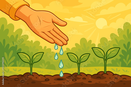 Hand Watering Young Green Seedlings in Sunlit Garden Soil. Growth, Nurturing, Sustainability, Agriculture, Gardening Concept. Vector Illustration for Eco Farming, Nature Care, Environmental Protection