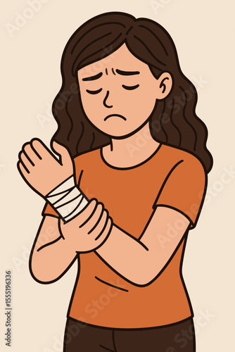 Sad woman holding injured wrist with bandage, pain relief, first aid, medical injury, sprain, strain, safety precaution, cartoon vector illustration, healthcare, accident, hurt hand, discomfort