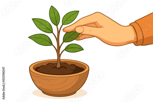Hand Gently Caring for Young Green Plant in Wooden Pot, Gardening and Growth Concept, Nurturing Sapling, Environmental Care, Vector Cartoon Illustration, White Background, Eco Friendly Symbol