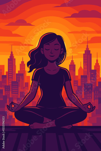 Tranquil woman meditating in lotus pose on rooftop at sunset, vibrant city skyline silhouette, urban mindfulness, peaceful yoga practice, abstract orange purple vector illustration, wellness concept