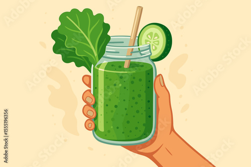Hand Holding Healthy Green Smoothie in Jar with Lettuce Leaf and Cucumber Slice, Detox Drink, Fresh Vegetable Juice, Vegan Diet, Clean Eating, Wellness Concept, Vector Illustration