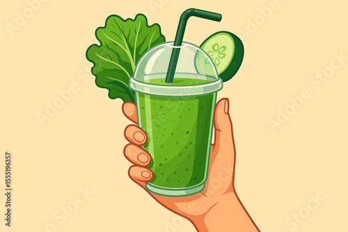Hand Holding Green Detox Smoothie Cup with Lettuce Leaf and Cucumber Slice, Healthy Vegan Vegetable Drink, Fresh Juice for Clean Eating, Diet, Wellness, Nutrition, Vector Cartoon Illustration