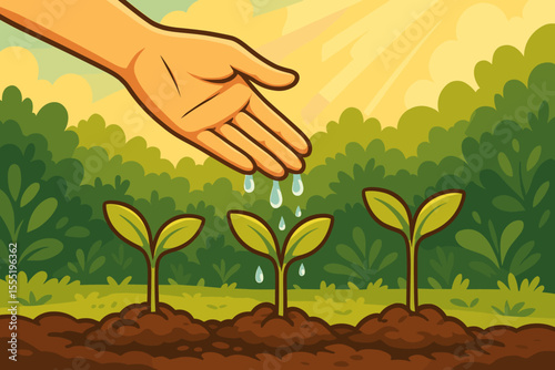 Hand Watering Young Seedlings in Sunlit Garden. Nurturing Growth, Environmental Care, Gardening Concept. Fresh Green Plants, Soil, Nature, Springtime, Sustainable Agriculture, Vector Illustration