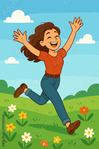 Cheerful woman running and jumping in spring meadow, arms raised, cartoon vector illustration. Happy female enjoying nature, outdoor freedom, blooming flowers, blue sky, positive lifestyle concept