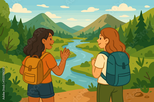 Two women friends hiking together in scenic mountain landscape, enjoying river view, outdoor adventure, summer travel, forest nature trail, backpacks, friendship, vector cartoon illustration