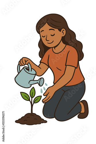 Woman watering young plant with watering can, nurturing sapling growth, environmental care, gardening, protection, sustainability, eco-friendly lifestyle, cartoon vector illustration