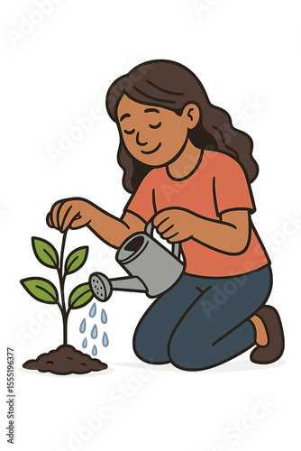 Cartoon woman kneeling watering young plant with watering can, nurturing sapling for growth, environmental care, gardening, eco-friendly lifestyle, protection, nature conservation vector illustration