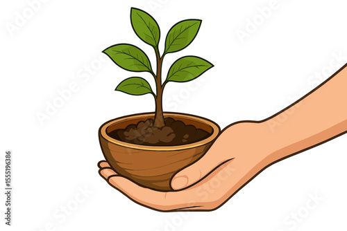 Hand Holding Wooden Pot with Young Tree Sapling, Green Leaves, Soil, Growth and Nurturing Concept, Environmental Conservation, Gardening, Eco-Friendly Vector Illustration on White Background