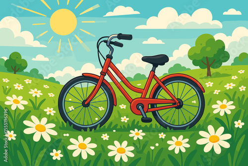 Vibrant red bicycle in sunny green park with blooming daisies, cartoon landscape illustration, summer outdoor recreation, nature scene, blue sky, sun, clouds, trees, floral meadow