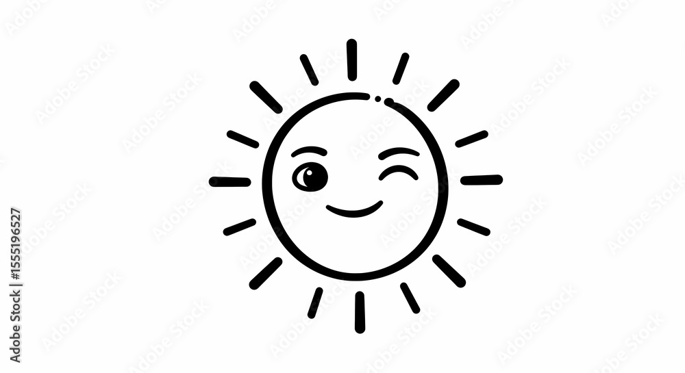 Fototapeta premium Smiling Sun Icon with Winking Face in Minimalist Black and White Style
