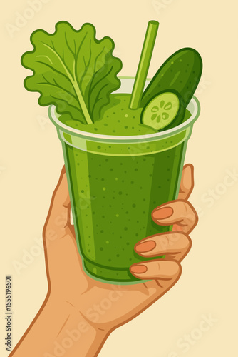 Healthy green detox smoothie with lettuce and cucumber in plastic cup held by woman’s hand. Fresh vegetable juice, vegan drink, healthy lifestyle, diet beverage. Vector cartoon illustration.