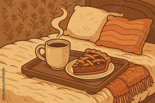 Cozy morning breakfast in bed with steaming coffee cup and slice of lattice pie on wooden tray, warm vintage style illustration, comfort, relaxation, home lifestyle concept
