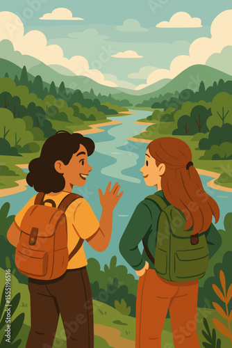 Two women friends hiking with backpacks enjoy scenic river view in lush green valley, outdoor adventure, nature exploration, friendship, travel, cartoon vector illustration, landscape background